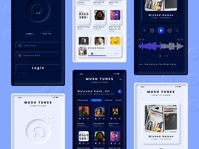 Mush Tunes app branding dark dark light dark soft ui design light mobile music music app soft ui ui ux