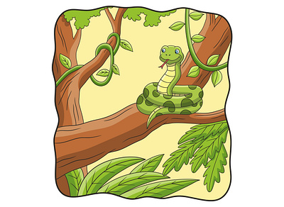 Cartoon illustration the snake is on the tree tail