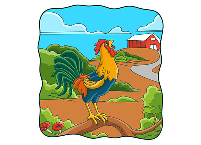 Cartoon illustration the rooster crows on the tree trunk feather