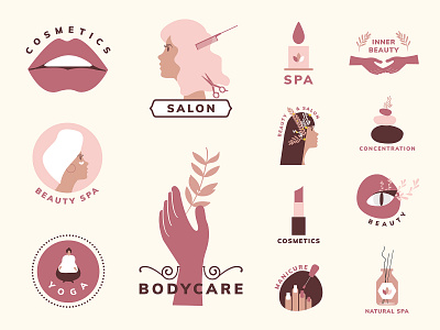 Beauty & Cosmetics Icon Pack badge beauty beauty salon brand identity branding design flat design graphic design hair cut hairdresser icon illustration illustrator logo makeup pack set spa vector wellness