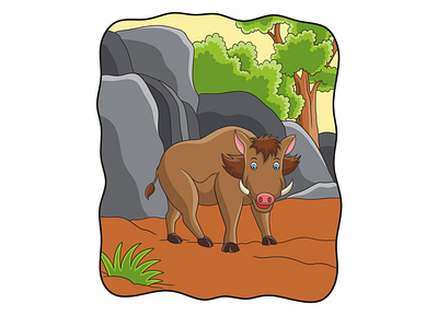 Cartoon illustration wild boar walking in the forest comic