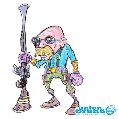 Cartoon steampunk man cartoon character design gouache gun humour illustration