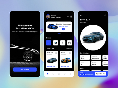 Car Rental - Mobile App application blue bmw book booking car car shop choose dark dark mode driver mobile app design mobile ui rent rental shop speed tesla transport transportation design