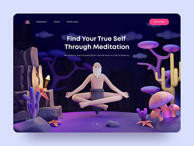 Meditation - Hero Section 3d 3d character 3d concept 3d illustration 3d modelling 3d mushrooms 3d plant 3d render 3d tree 3ddesign c4d clean fullcolour graphic design hero header hero section illustration meditation ui website