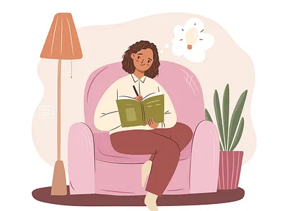 Time for writing! afro american black character cozy cute design digital art flat freelance girl home idea illustration pink sitting student study thinking woman write