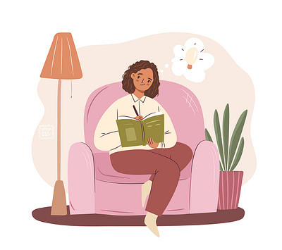 Time for writing! afro american black character cozy cute design digital art flat freelance girl home idea illustration pink sitting student study thinking woman write