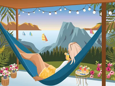 Woman #4 | Enjoying beautiful view in a hammock art banner beautiful bright card colorful female flat girl graphic design hotel illustration mountains nature resort sea vector vector painting view woman