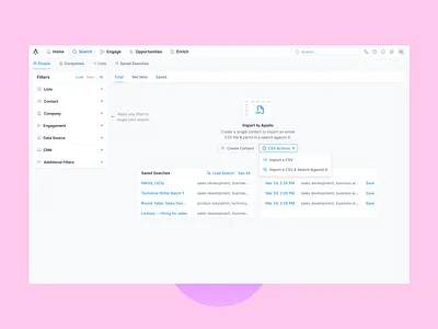 Empty State Actions apollo create create contact create user crm csv csv upload empty state empty state action empty state actions filter by filter card filters hubspot import import contacts import csv salesforce search card upload