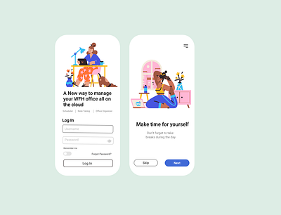 WFH Office management App | Login screen app design design system figma graphic design interface design moble design organizer people planner product design scheduler screen design ui ux design vector art vector illustration visual design wfh work from home