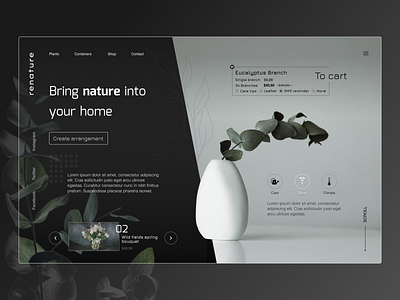 Renature shop page 3d art clean concept daily ui dark design dual tone ecommerce figma flower green landing page light modern plant slider store ui ui design