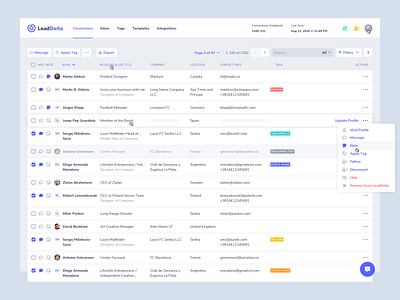 LeadDelta - LinkedIn connections manager action app connection crm dashboard design filter linkedin list notes pagination product product design startup table tags ui web web app