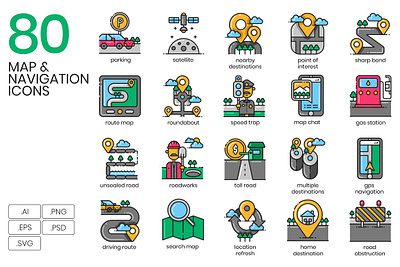 80 Map & Navigation Icons back backup backupgraphic branding chand destination direction gps highway icon icons location map navigation set street traffic transport travel vector