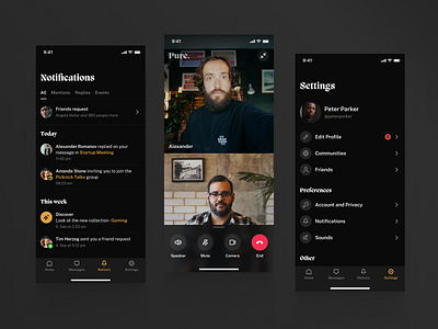 Pure - Messaging UI Kit for Figma call dark ui design edit events figma interface ios app messaging messenger notifications overlay profile settings tab bar ui ui kit updates ux video call