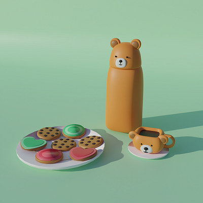 Cookies, bear coffee bottle and mug 3d b3d bear biscuit blender design digital art illustration render ui