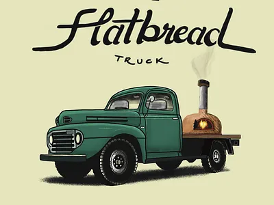 Flatbread Truck hand lettering illustration logo pizza retro truck vintage wood fired