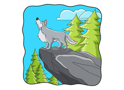 Cartoon illustration the wolf roars on the boulder dangerous