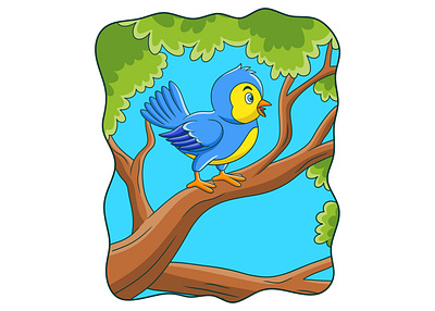 Cartoon illustration birds chirping in the trees white