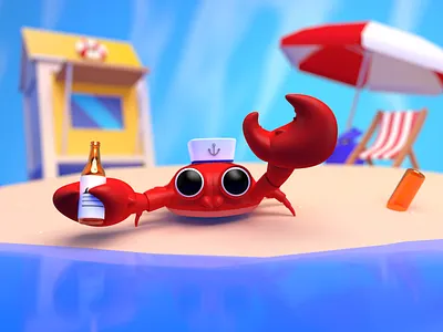 captain crab 3d beach beer c4d cartoon cartoonic cinema4d cool crab creative cute fun ill illustration path sea seafish