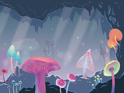 Different types of mushrooms, part 2 art cave fluff fog forest graphic design hallucinations illustration landscape lighting magic mountain mushrooms nature peak psilocybin rocks stalactites stone vector