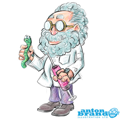 Mad scientist with a worried worm cartoon character drawing humour illustration