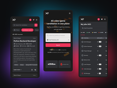 Mobile responsive prototype candidate darkmode dashboard design equal gamedev gaming jobboard jobs jobsearch mobile payments platform recruiter responsive ui userexperience userinterface ux webapp