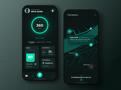 Electric Car Application application battery car charge chargingstation dark darkmode design electric future green inspiration maps minimal mobile navigation statistics tesla ui vehicle