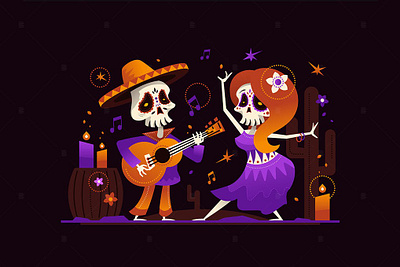 Dia de los Muertos - flat design illustration 3d art 3d illustration app celebration dancing day dead dia greeting guitar halloween holiday illustration los mexican muertos november page skeleton traditional