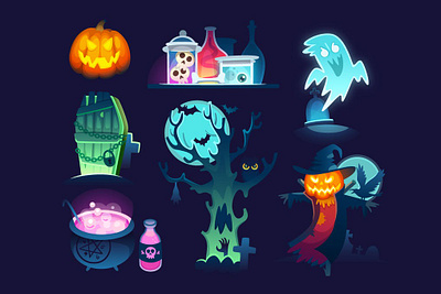 Halloween Illustrations 3d animation 3d art 3d illustration app bats cemetery coffin concept crooked ghost halloween illustration kettle owl page pumpkin scarecrow skull tree witchcraft