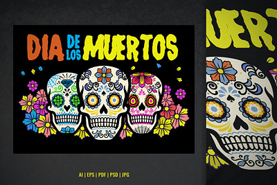 Dia De Los Muertos Design with Three Sugar Skull 3d illustration ancestor celebration cemetery concept costume culture death design family hispanic holiday illustration makeup mexico page pray religion skull tradition