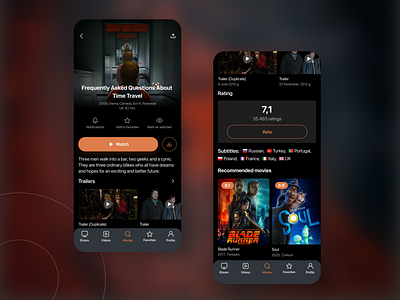 Mobile app for movies app application branding cinema dark design film logo mobile movie online orange redesign service subs trailer tv shows ui ux videos