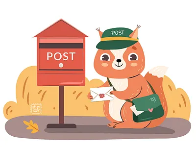 Cute Forest Mail animal autumn cartoon character character design children cute delivery design digital art flat forest illustration logo mail post postbox service squirrel vector