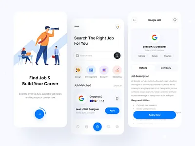 Job Finder - Exploration app design apple job career dream job google job job job details job seeker light theme minimal design mobile app ui design
