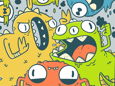 Monster Party! blake stevenson cartoon character design concept art cute design dinosaur eyes illustration jetpacks and rollerskates logo monster mouths pizza poster art retro teeth video game