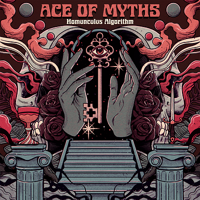 Ace of Myths album althar chalice cover hands key music portal retro skull smoke stairs sword vintage