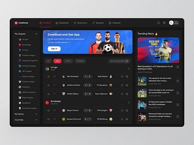 Dashboard - Sports Live Score 🔥 basketball bet betting dashboard fifa football football app live live football livescore match premier league product design soccer sport sports sports app ui ux volleyball