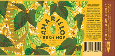 Amarillo Fresh Hop Can for Rooftop art badge beer botanical brewery brewing can design graphic hops illustration label lettering lush print seattle type