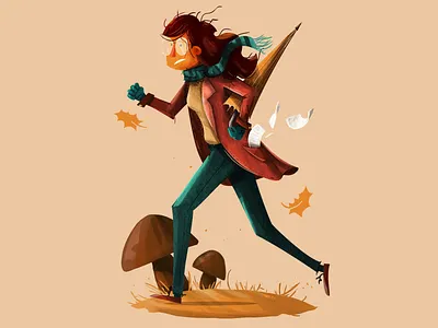 Autumn sprint autumn character digital art graphic design illustration nature park running wind woman