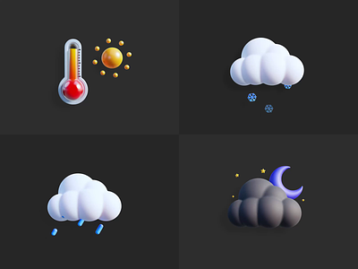 Animated Weather 3D Icons - Part 2 3d animation app blender clean cloud design icon illustration low poly minimal design moon motion rainy snow star sun temperature ui weather