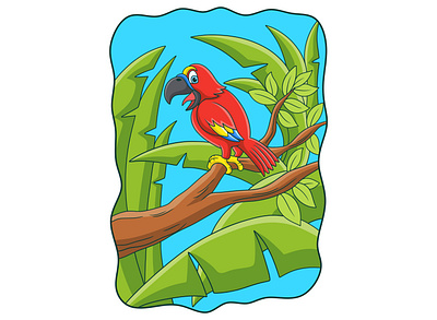 Cartoon illustration a parrot chirping on a tree trunk exotic