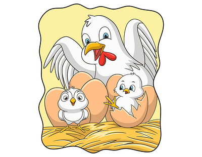 Cartoon illustration hen who is incubating her eggs feather