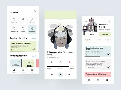 Podcasts mobile app app branding clean dashboard design home illustration interface logo mobile music player podcast sound track ui ux