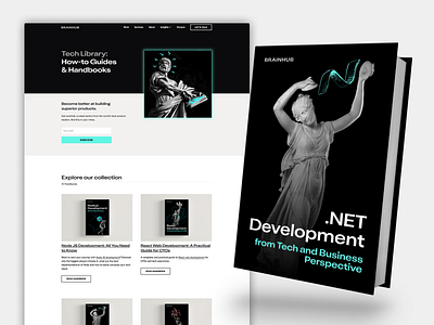 Brainhub Tech Library Landing Page Design & 3D Mockup ebook interface design it it company landing page mockup tech web design web page website