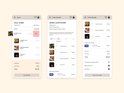 Food menu app - Order Receipt app design confirmation daily ui dailyui dailyui 017 dailyui 17 dailyuichallenge design food food app food menu food order order app order receipt order receipts receipt ui ui design uidesign ux