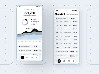 Portfolio tracking app (flat) area chart crypto dashboard donut chart finance fintech mobile app portfolio stocks