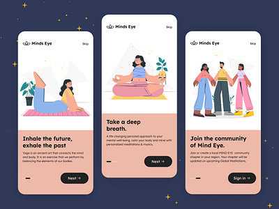 Mind Eyes - Meditation App Onboarding screens. brand design brand identity branding branding design chennai chennaidesigner design illustration india meditate meditation app mindfulness mobileapp mobileui onboarding screens sleepwell ui uidesign uxdesign yogaapp