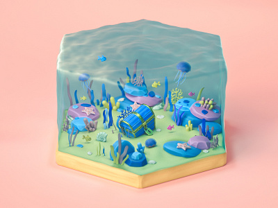 Sea Life 3d chest cinema 4d diorama fantasy fish illustration illustrator jellyfish life lowpoly nature ocean sand sea videogame water