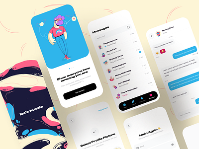 😎 Let's Hustle - Social Media App android app design chat clean concept flat home screen interface ios messages minimal mobile onboarding social startup ui ux visual design