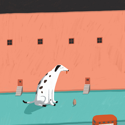 Big Dog big dog buildings bus character childrens clifford the big red dog dalmation dog drawing friendly house illustration people pets red bus street surreal