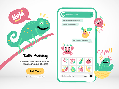 Taco Sticker Pack app chameleon chat conversation design flat funny icon icons illustration message mexican mobile sticker taco ui vector