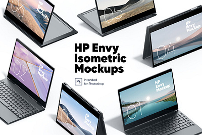 HP Envy Isometric Mockups abstract clean device display laptop mac macbook mockup phone phone mockup presentation realistic simple smartphone theme ui ux web webpage website